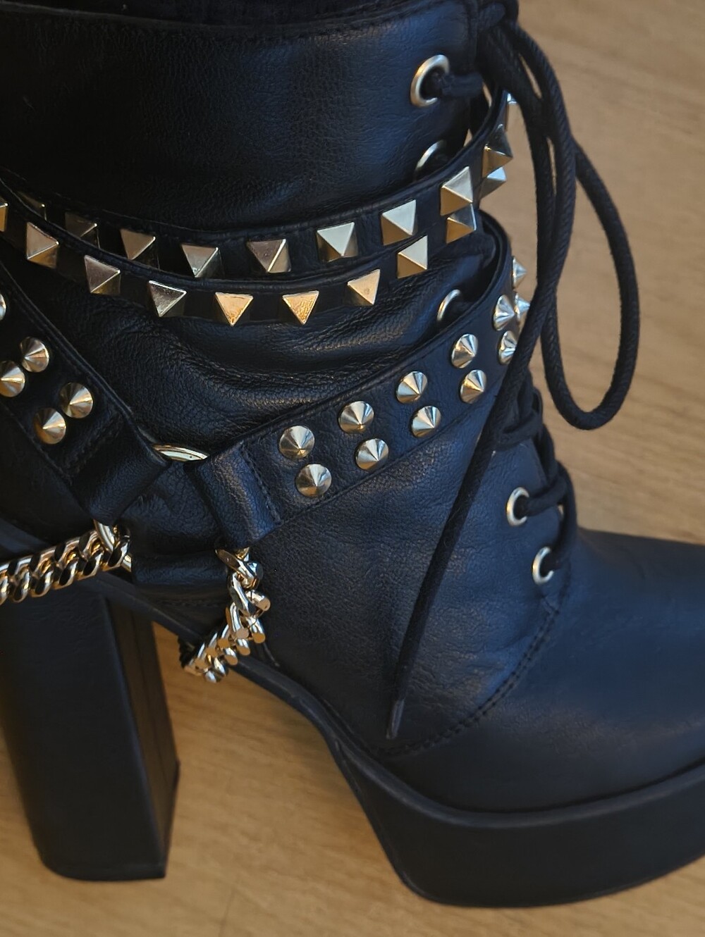 Black Studded Lace-Up Block Heel Boots